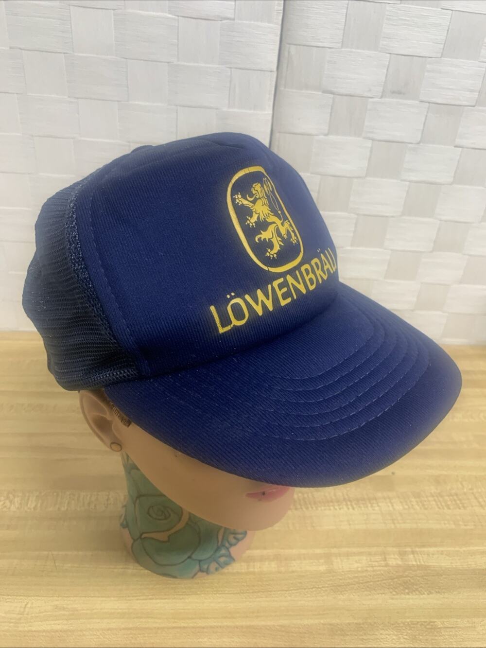 Vintage 80s-90s Lowenbrau Beer Mesh Capital Trucker Hat Blue Snapback New